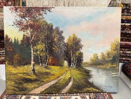 Stimmungsvolle Flusslandschaft mit Birkenwald und Naturweg