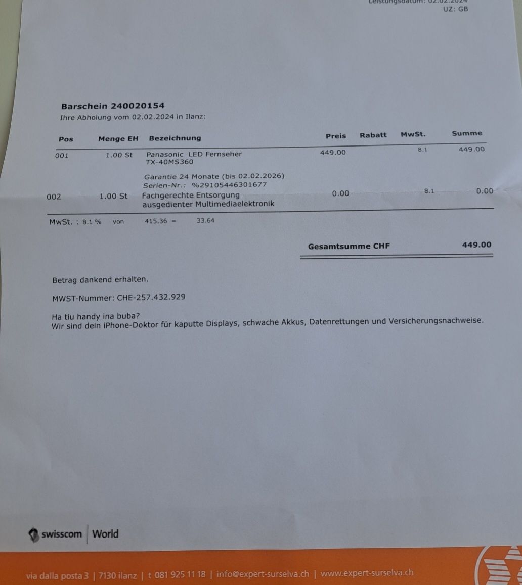 Panasonic Televisori: Panasonic LED Fernseher TX-40MS360 – Nuovo (secondo la descrizione) da Chur venduto da Ahorna 1