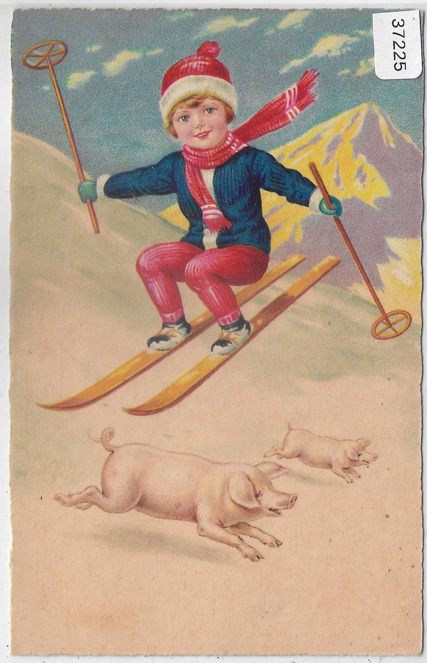 Cartes postales: Kleiner Skifahrer mit Schweine - Litho – D'occasion à Ettingen par Kartenplanet