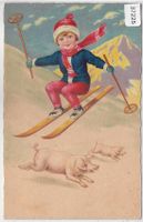 Kleiner Skifahrer mit Schweine - Litho