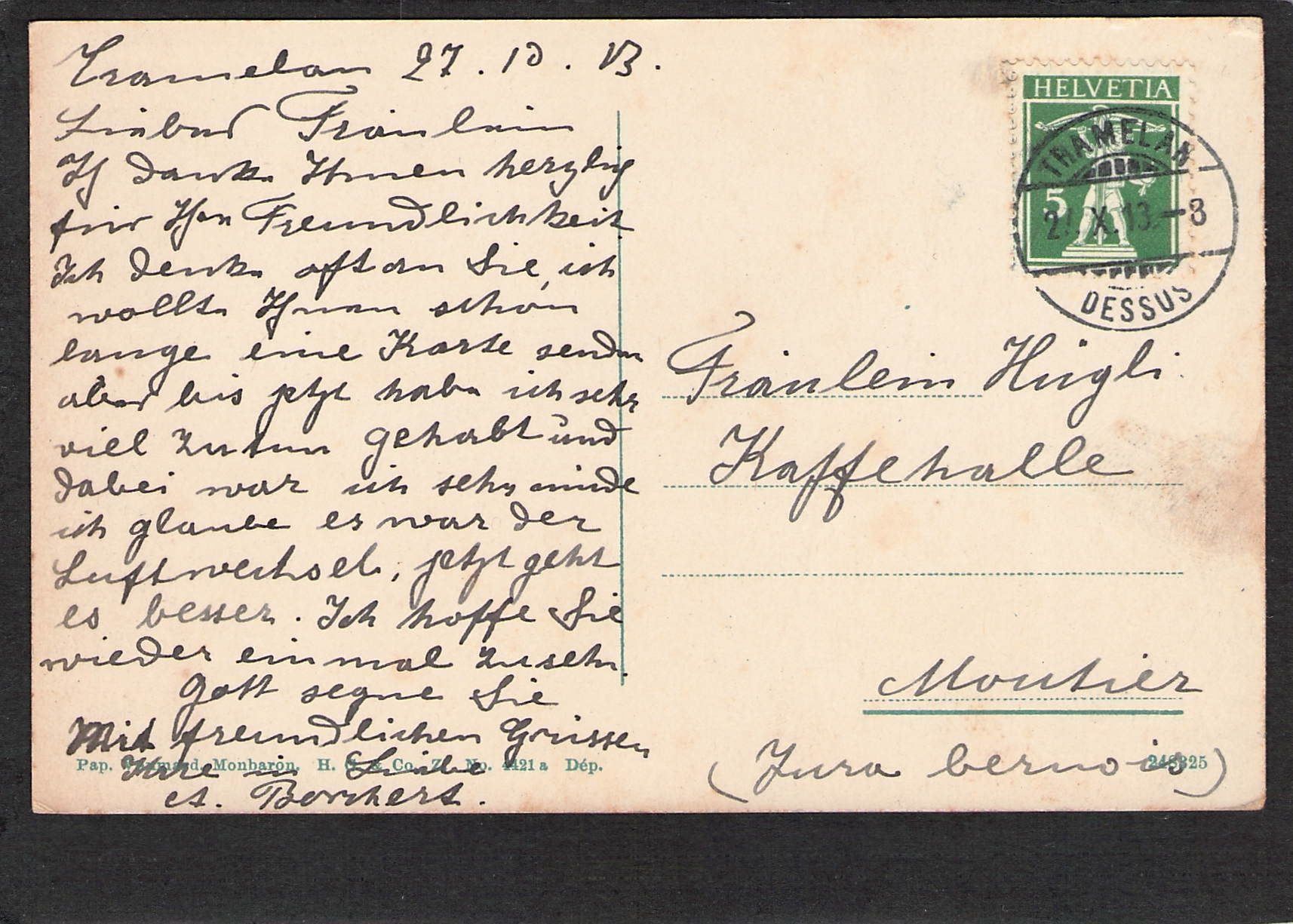 Cartoline postali: CP× BE/JU Tramelan , 1913 – Usato da Reichenburg venduto da Pipo-67 1