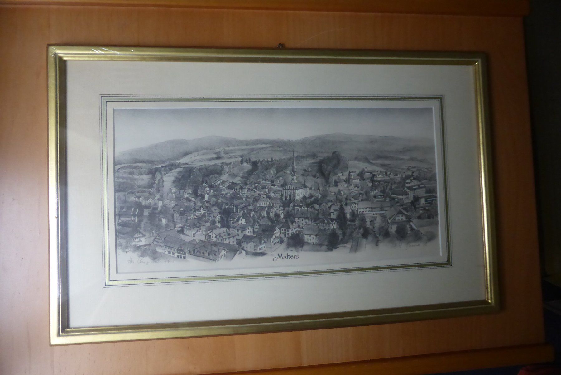 Incisioni: H.R.Schmid - " Malters " im Echtgoldrahm über Eck vergoldet – Nuovo e nell'imballaggio originale da Brunnadern venduto da lavendel