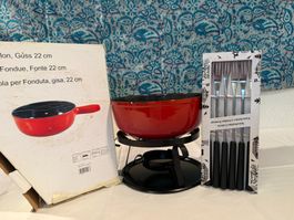 Käsefondue Set Guss 22 cm rot gebraucht mit Gabeln