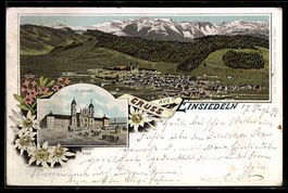 Litho Einsiedeln, Ortsansicht und Kloste