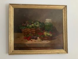 Ölgemälde mit Rahmen, Stilleben Früchtekorb mit Glas