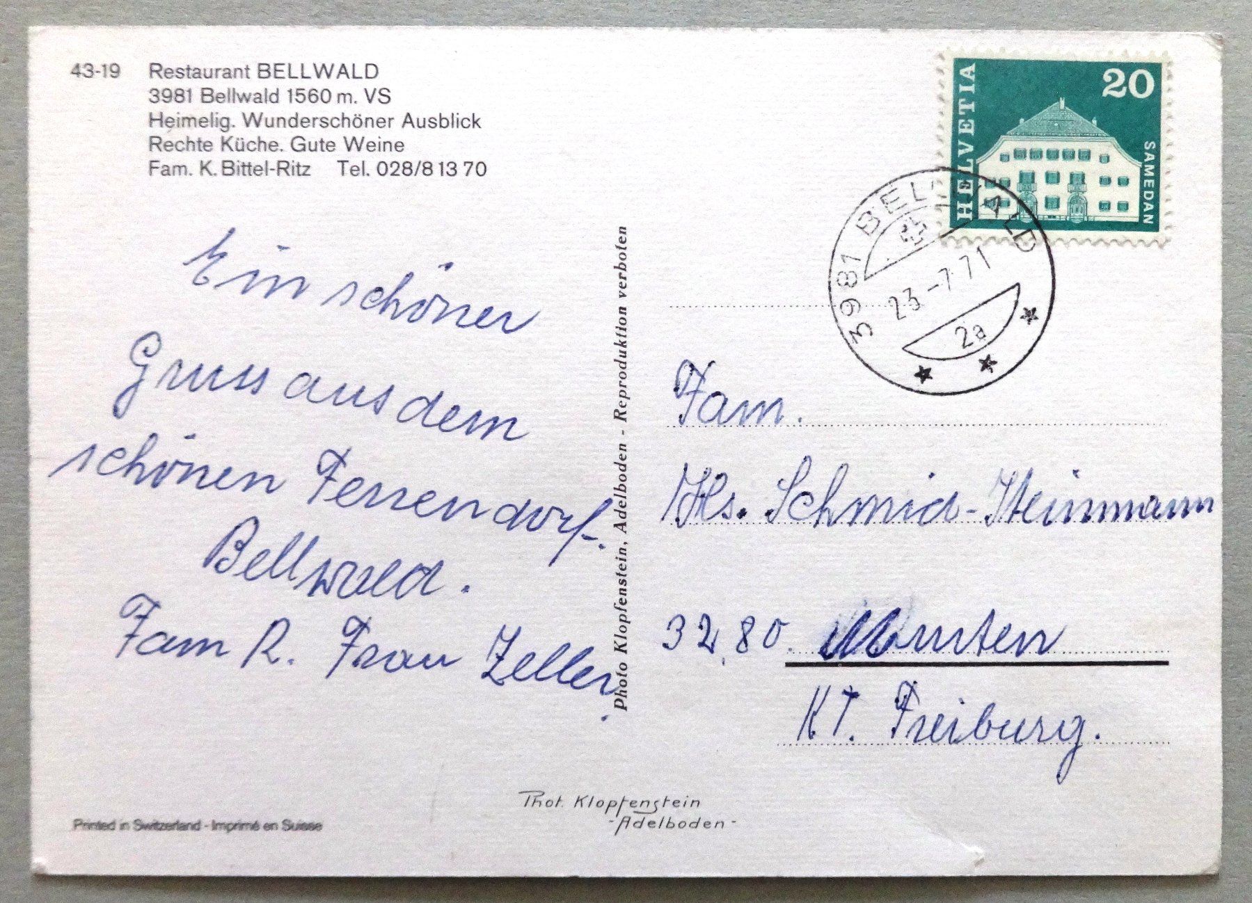 Cartoline postali: Restaurant Bellwald, Bellwald 1560 m – Usato da Fétigny venduto da Billy2miny 1