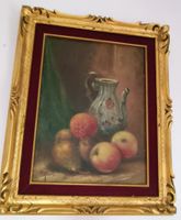 Dipinto olio su tela natura morta con frutta e brocca.
