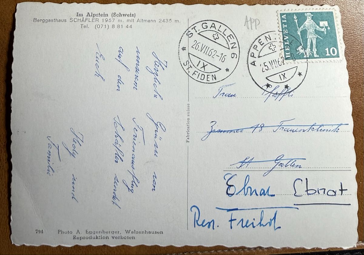 Cartoline postali: ALPSTEIN - Berggasthaus Schäfler. 1962 – Usato da Lutry venduto da Ediego 1