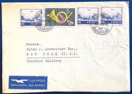 1949 Schweiz- Flugpost Brief mit 3x F44 / ZH nach New York
