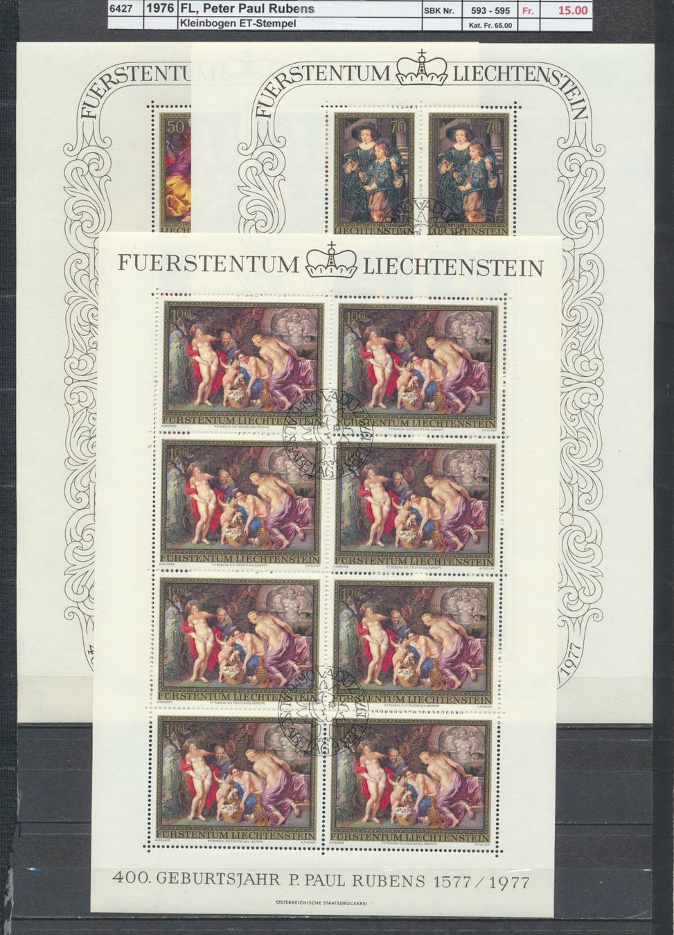 Tutti i francobolli: 1976 Liechtenstein, "Peter Paul Rubens", Kleinbogen, ET – Usato da Winterthur venduto da Zupogeru