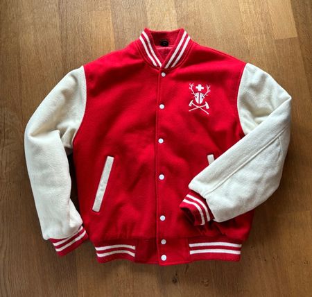 Oversized Red & White Wool Varsity/College Jacket – Size XL