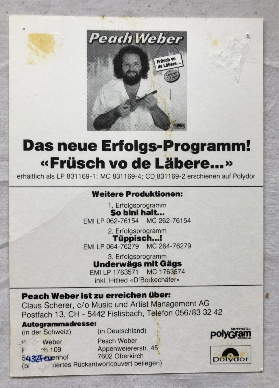 Autogramme: Orig. Autogramm - PEACH WEBER – Gebraucht aus Schaffhausen von durruti 1