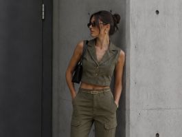 Forever Young Label kurzes Gilet S Leinen Khaki olivgrün