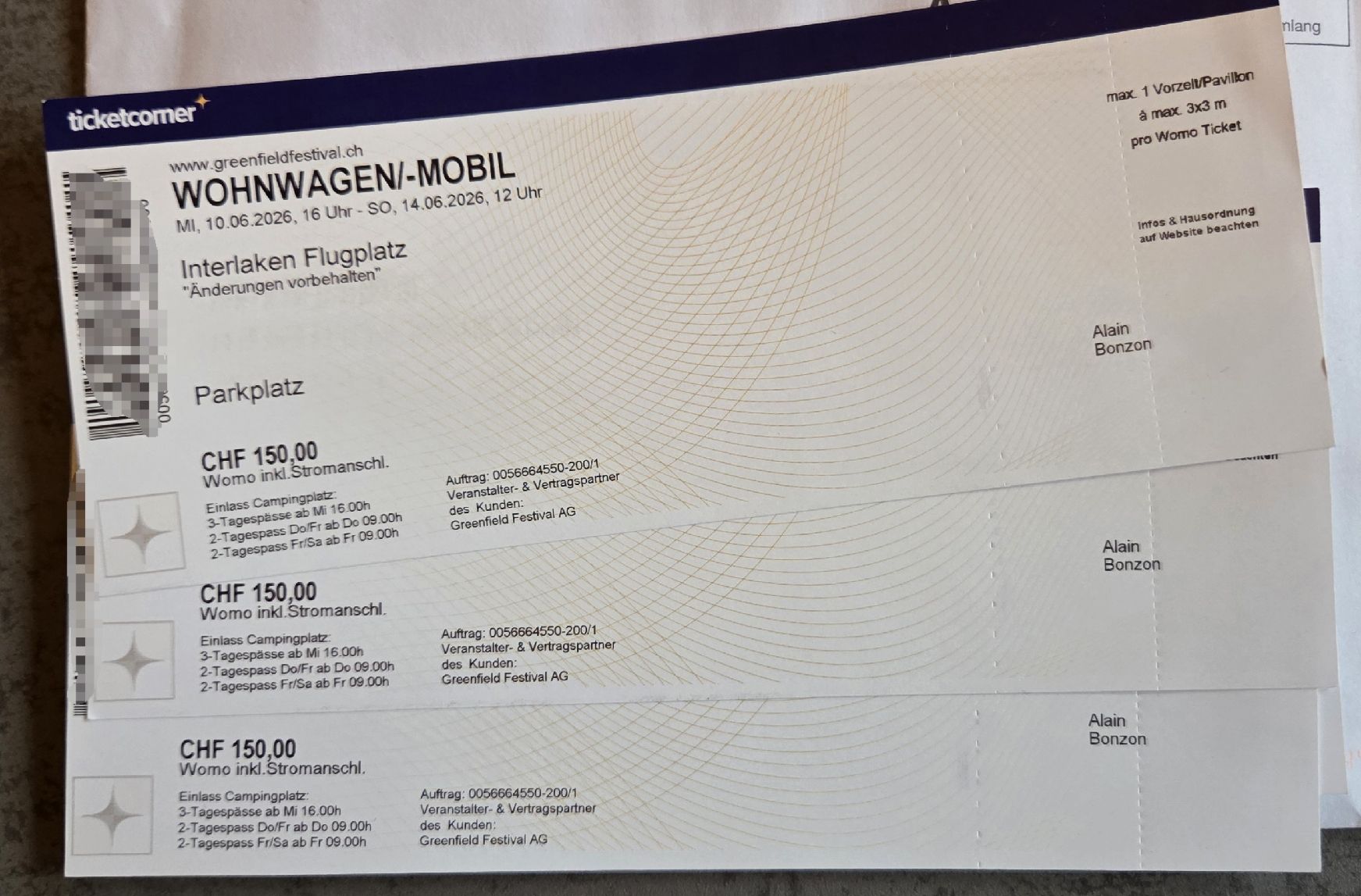Biglietti: Greenfield 2026, Womo ticket – Nuovo e nell'imballaggio originale da Ballaigues venduto da Zonob