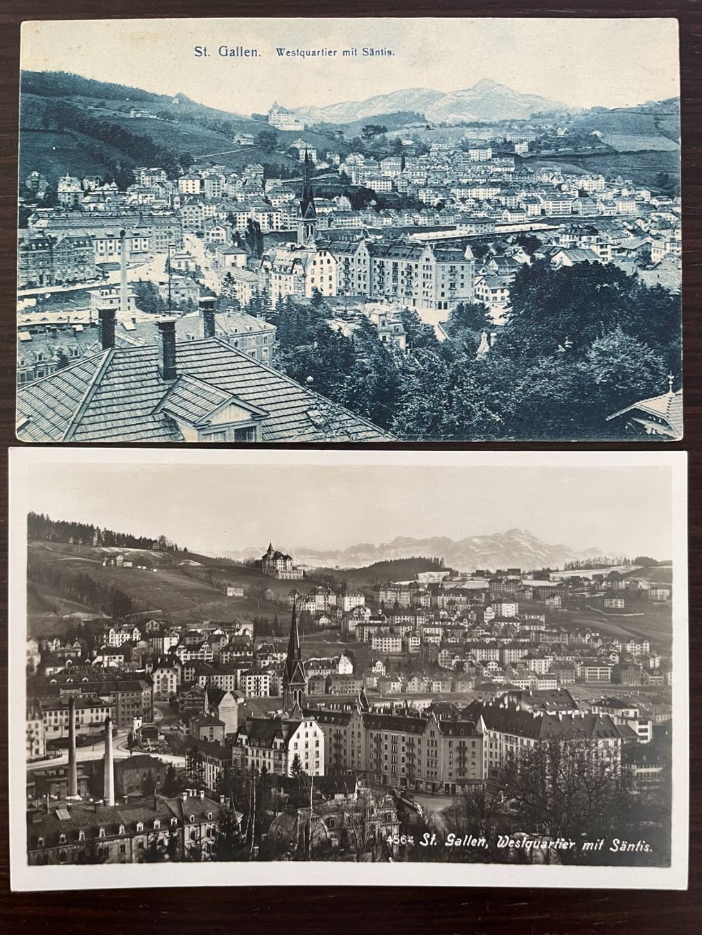 Cartoline postali: ST. GALLEN Westquartier mit Säntis, 2 Ansichtskarten – Usato da Wald ZH venduto da TLILEF