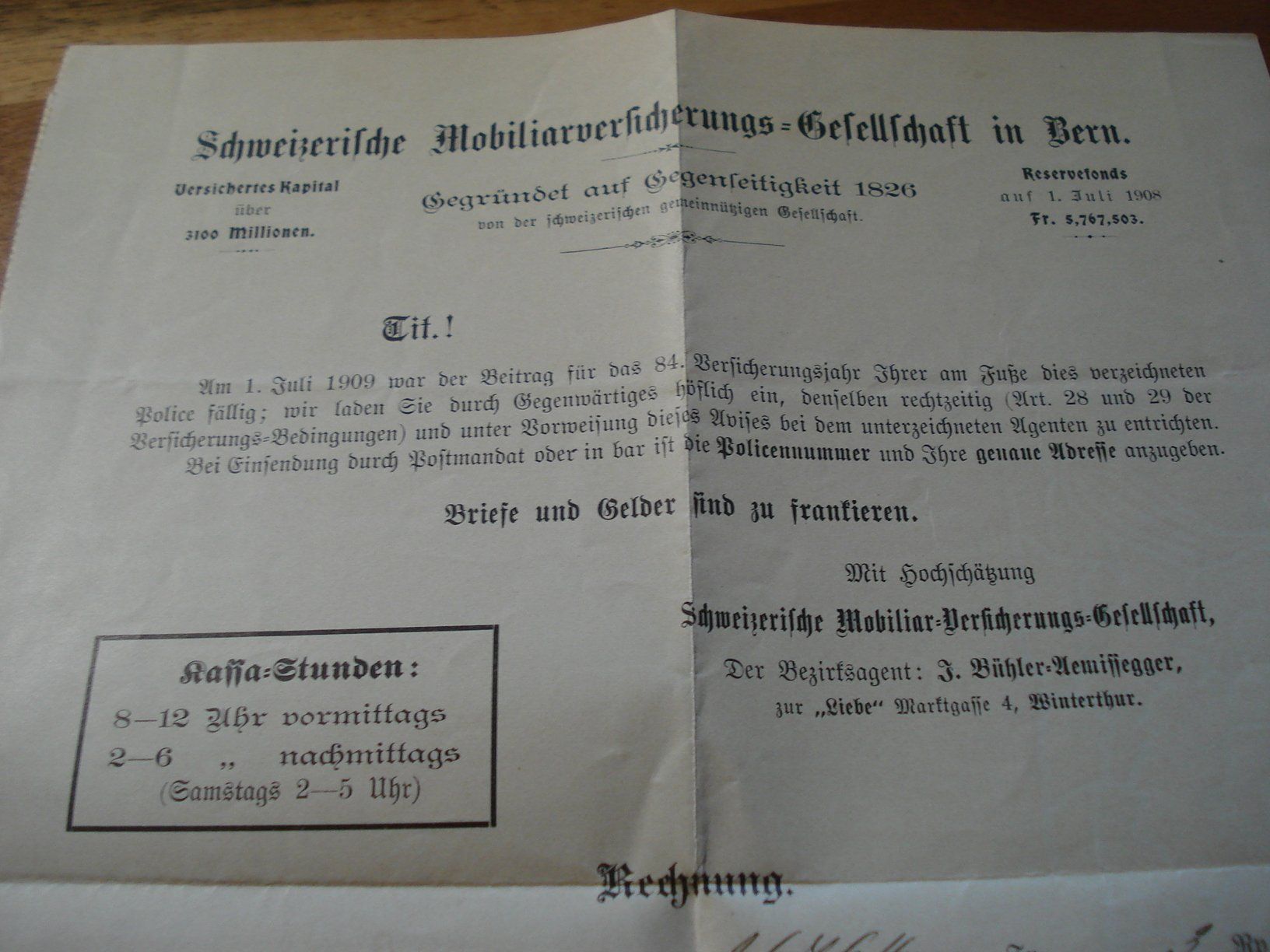 Alle Briefmarken: Faltbrief 1908, Prämienrechnung Mobiliar-Versicherung – Gebraucht aus Niederwil AG von morostahu 4