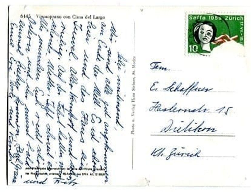 Cartoline postali: Vicosoprano, con Cima del Largo, Bergell – Usato da Ottikon b.Kemptth. venduto da Neptun1974 1