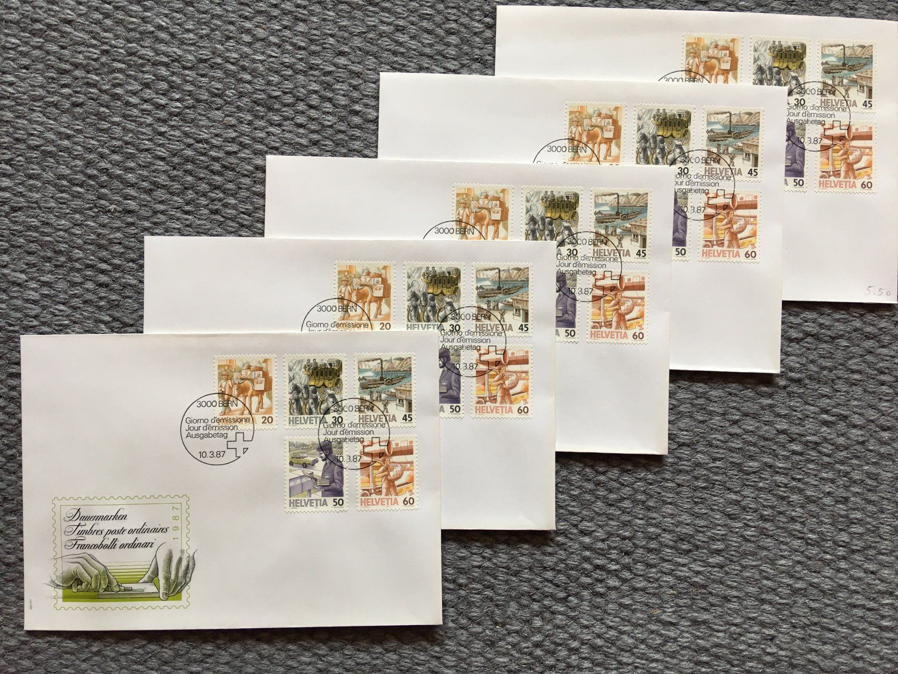 Tutti i francobolli: Postbeförderung 1987 auf FDC - 5x – Usato da Nesslau venduto da andi_hon 1