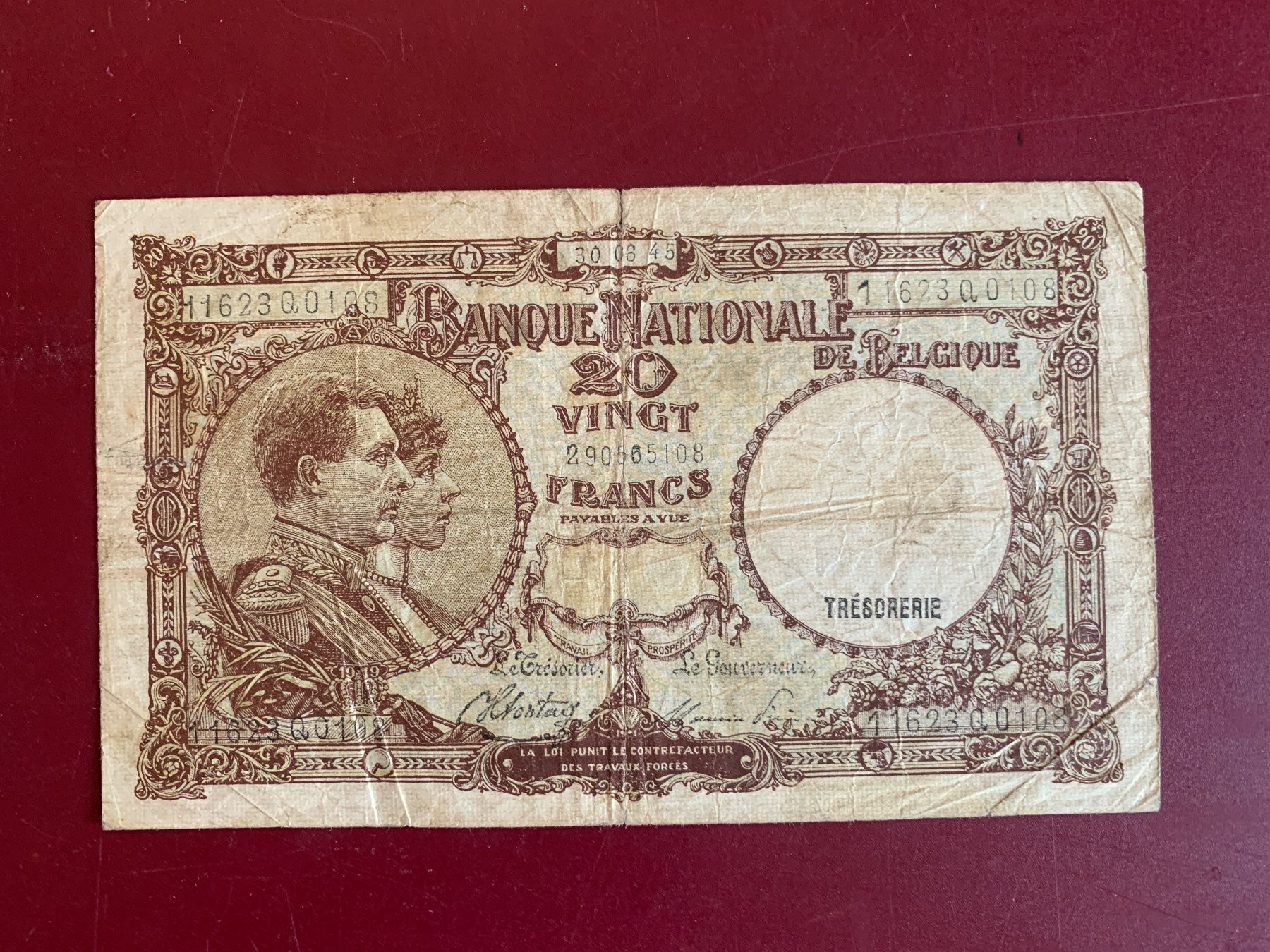 Banconote: BELGIQUE - 20 Francs 30.08.1945 - Gebraucht / Usagé – Usato da Le Lignon venduto da Trikles