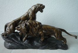 Ancienne sculpture couple de lions - Alte Skulptur 2 Löwen