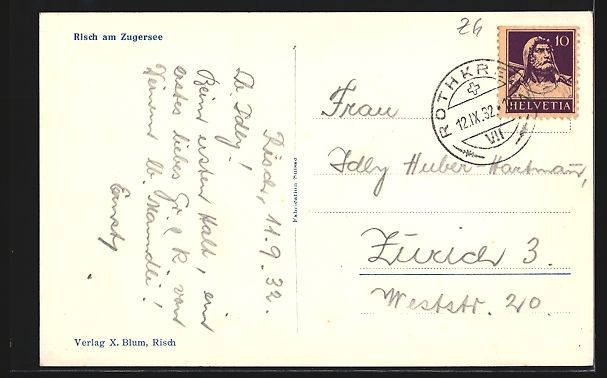 Cartoline postali: AK Risch a. Zugersee, Ortsansicht, 1932 – Usato da Berlin venduto da bartko-reher 1