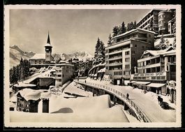 AK Arosa, Kirche, Geschäft Sport Gebr. Sprecher an verschnei