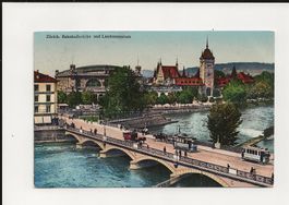 AK 1909 Zürich Bahnhofbrücke und Landesmuseum Tram,Kutsche😍