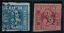 Altdeutschland 1849/62 Bayern 3+3 Kreuzer mit Mühlradstempel