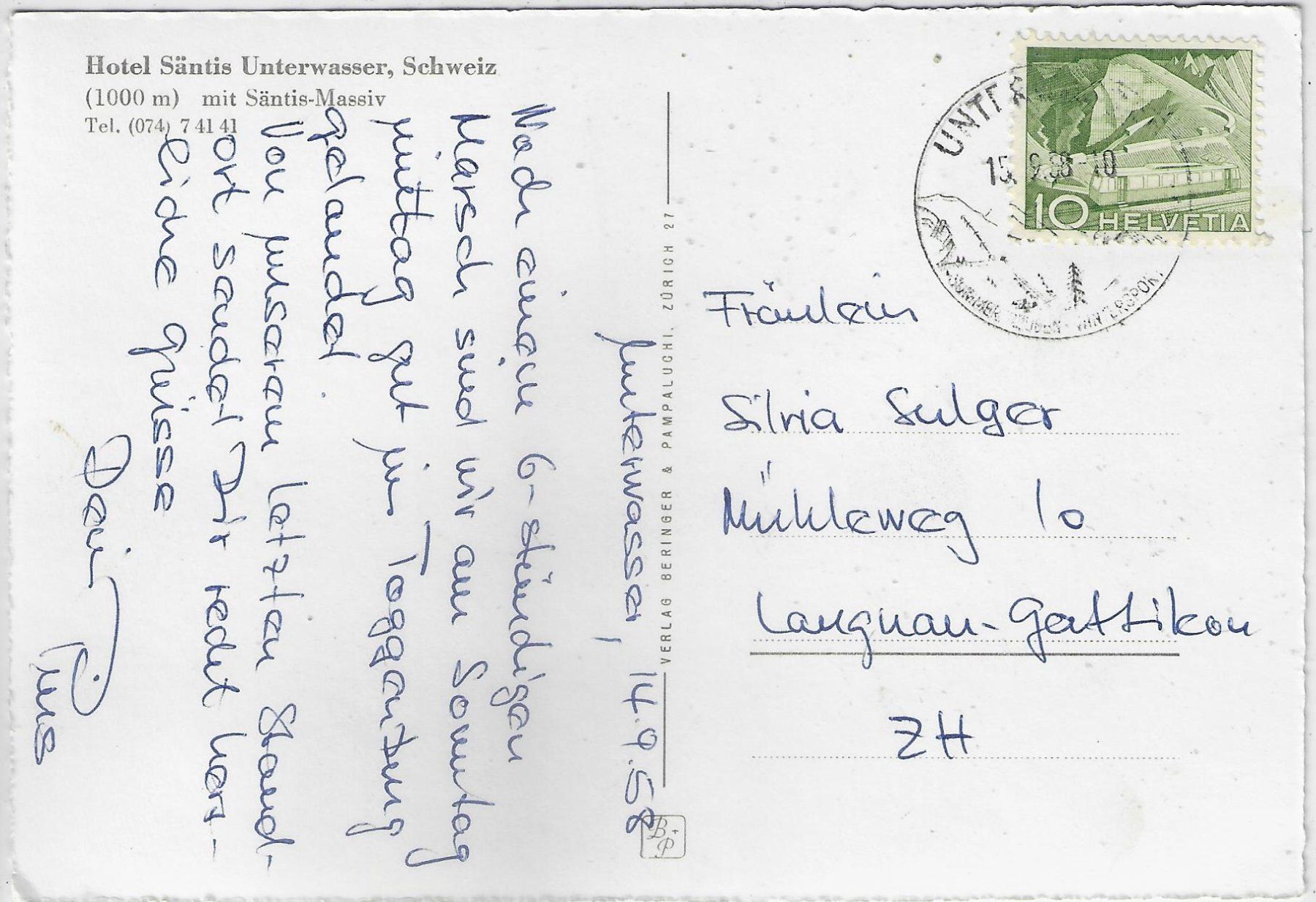 Cartoline postali: Hotel Säntis Unterwasser - Drahtseilbahn – Usato da Ettingen venduto da Kartenplanet 1