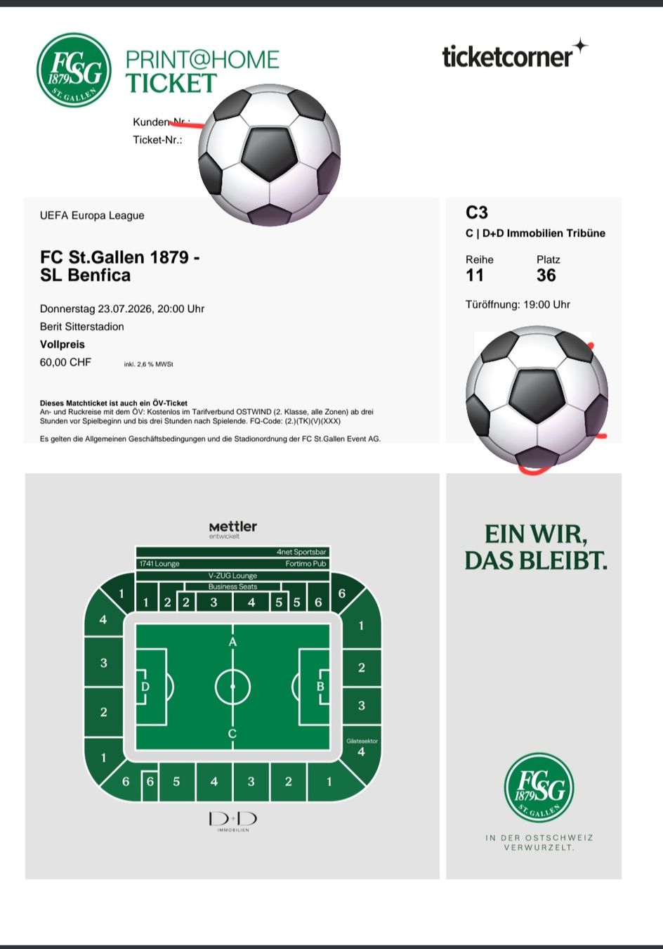 Biglietti: FC SG Benfica C3 Reihe 11 Einzelplatz – Nuovo e nell'imballaggio originale da Affeltrangen venduto da jem_x5zf
