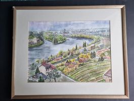 BASEL BIRS MÜNDET IN RHEIN AQUARELL SIGNIERT MIT RAHMEN