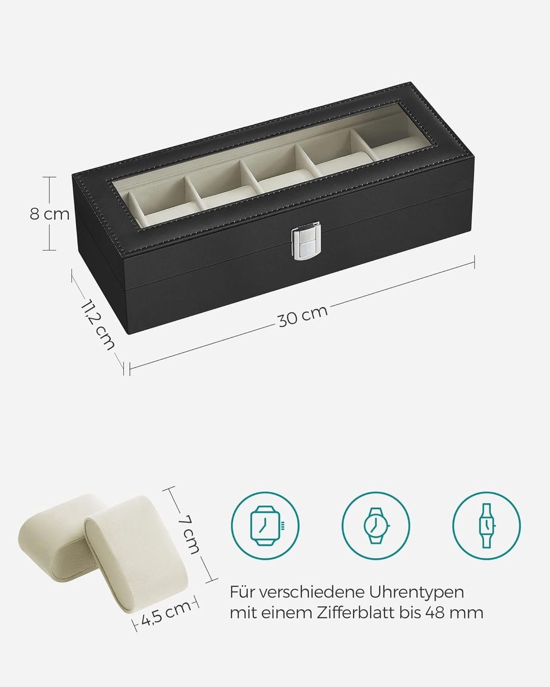 Scatole porta orologi: Uhrenbox 6 Fächer Glasdeckel Schmuckbox schwarz beige – Nuovo e nell'imballaggio originale da Wittenbach venduto da SELVARO 5
