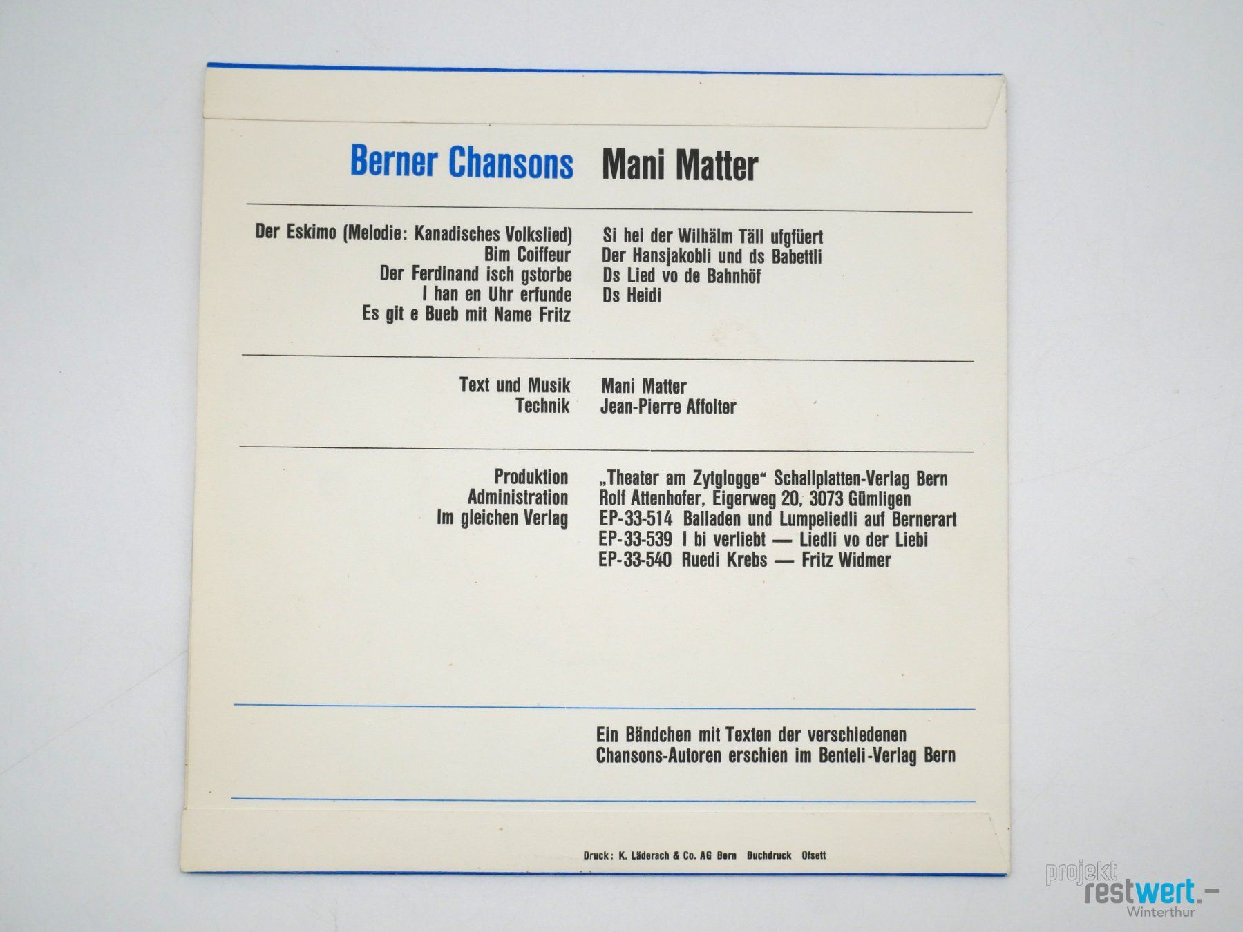 Schallplatten: MANI MATTER - Berner Chansons, Schallplatte / EP – Gebraucht aus Winterthur von Restwert_Winterthur 3