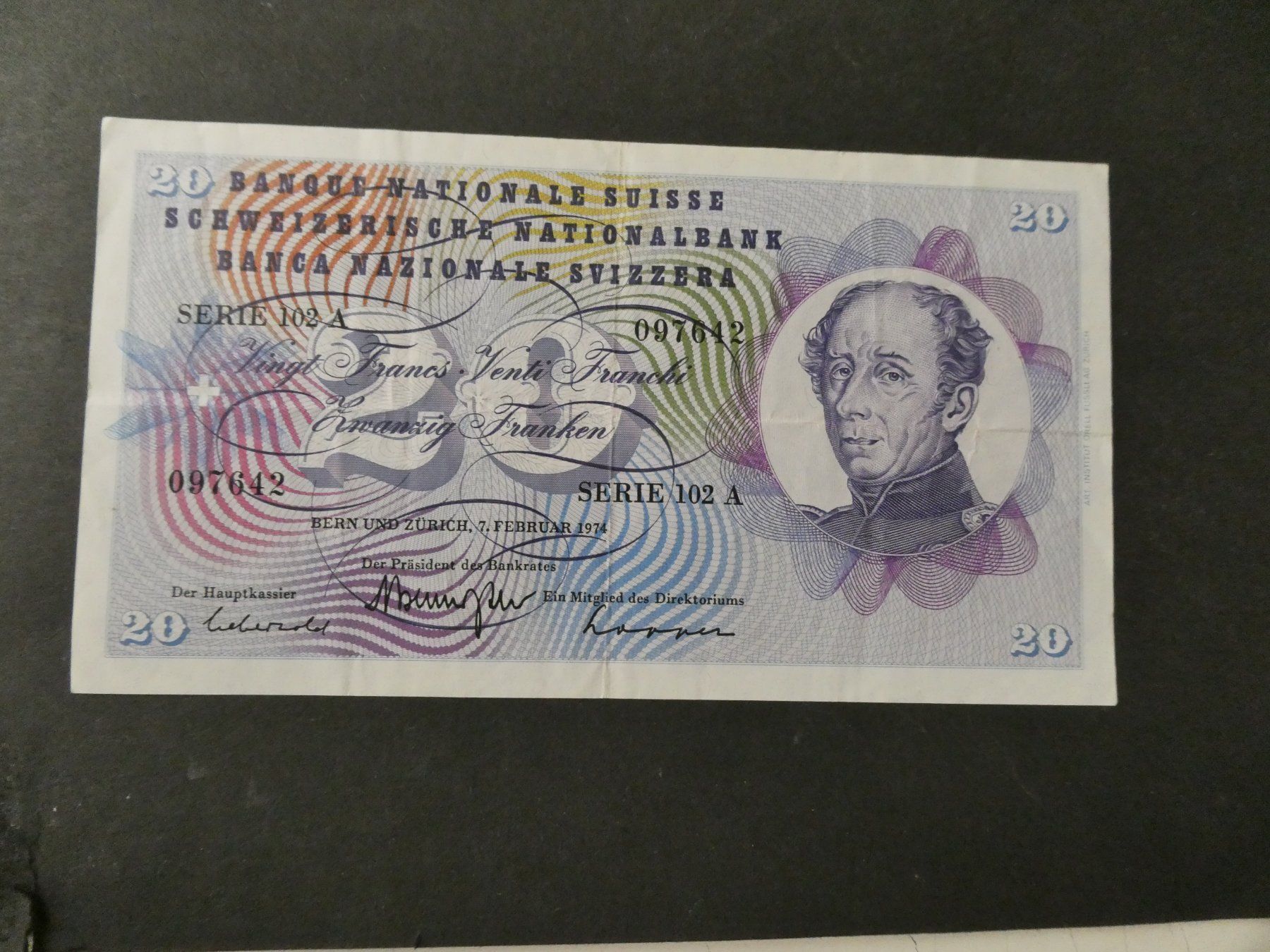 Banknoten: Schweiz 1974, 20 Franken – Gebraucht aus Hinterforst von Rohusri