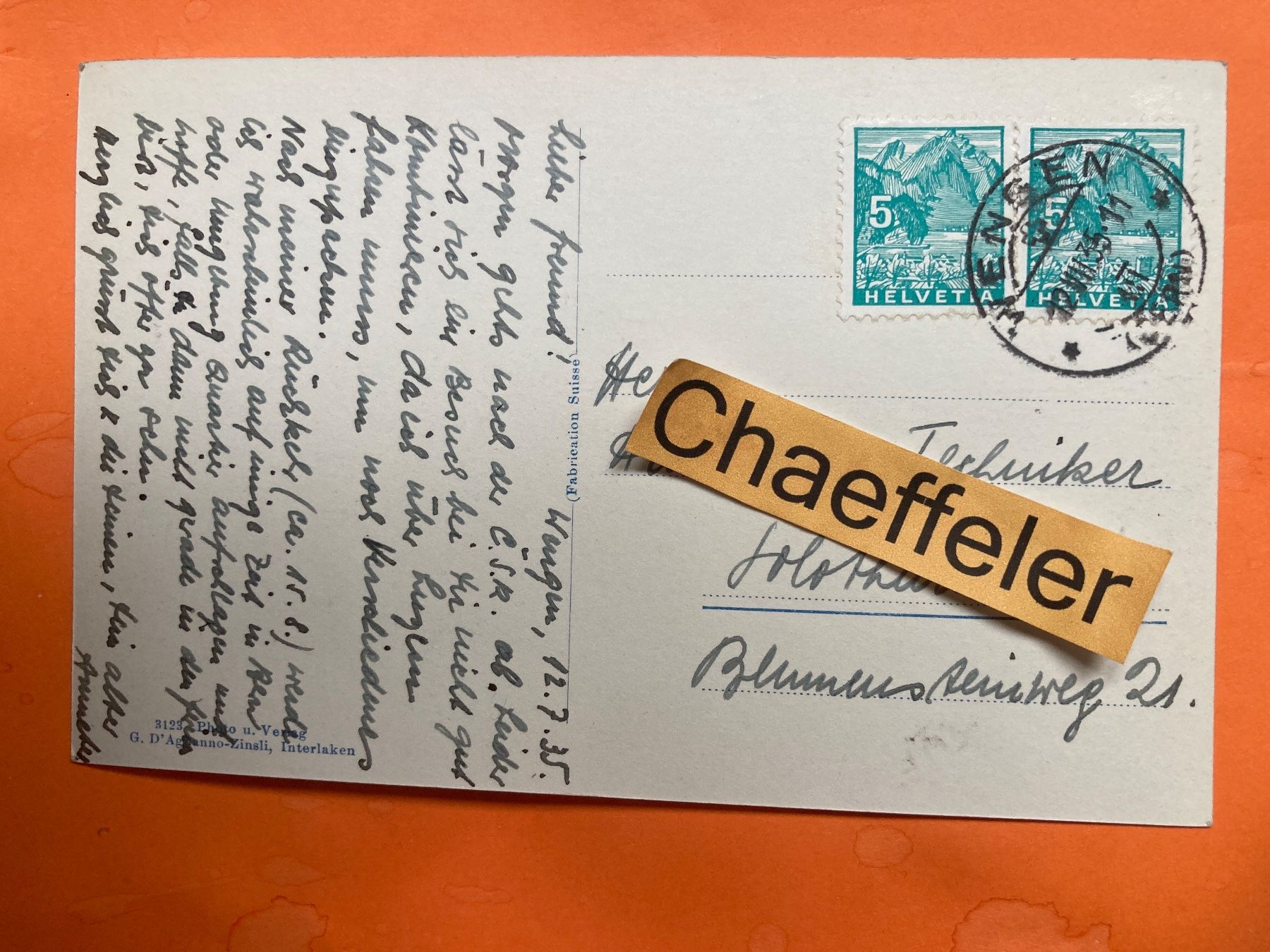 Cartes postales: 1935 Wengen. Blick auf das Breithorn – D'occasion à Zürich par Chaeffeler 1