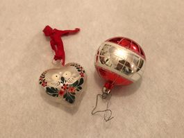 Duo Glasherz mit Vogel-Deko und Kugel, Rot/Silber