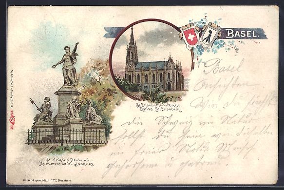Ansichtskarten: Litho Basel, St. Jacobsdenkmal, St. Elis – Gebraucht aus Berlin von bartko-reher