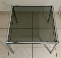 70er Couchtisch Stahlrohr Chrom Glasplatte Rauchglas