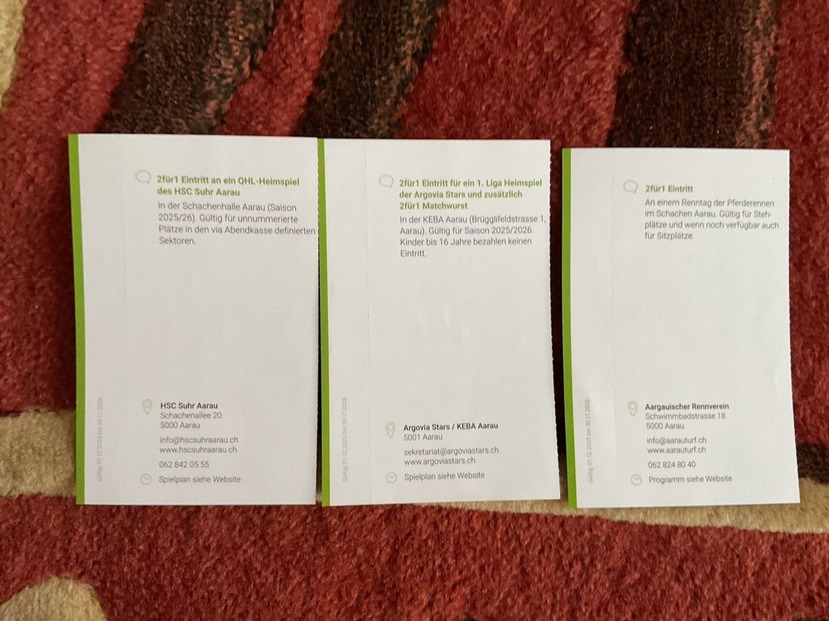 Gutscheine: 9 bons de réductions à Aarau – Neu (gemäss Beschreibung) aus Düdingen von Yellow 6
