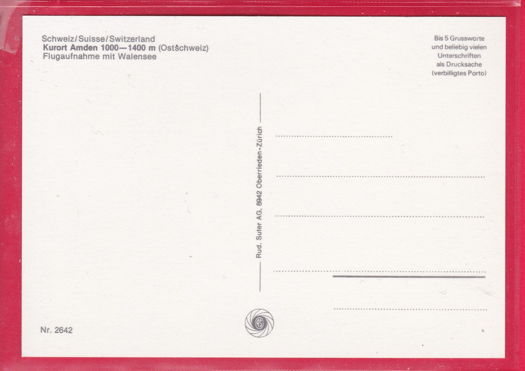 Cartoline postali: FLUGAUFNAHME AMDEN MIT WALENSEE – Usato da Oberrieden venduto da Gebirgsstelze 1