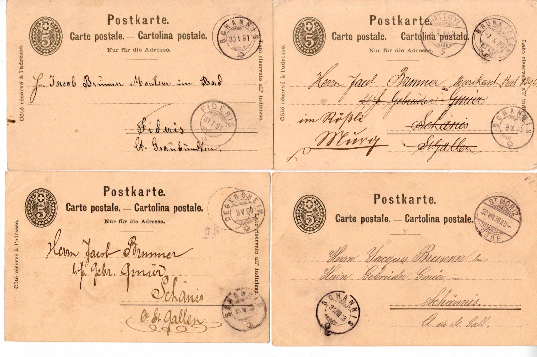 Tous les timbres: 8 Postkarten von oder nach Schänis 1887 - 1891 – D'occasion à Wolhusen par Curver9 1