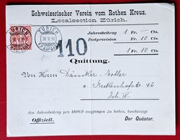 ZIFFER ZÜRICH FAHRPOST ROTES KREUZ QUITTUNG JAHRBEITRAG 1899