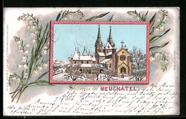 Litho Neuchâtel, Kirche im Winter, 1906
