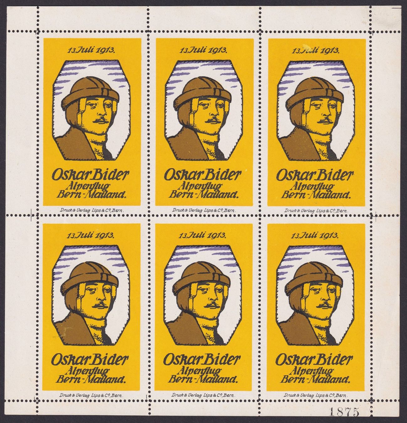 Alle Briefmarken: Flugspende Vignette 1913.2 Oskar Bider, Bogen postfrisch ** – Gebraucht aus Ebikon von SilvioFreund