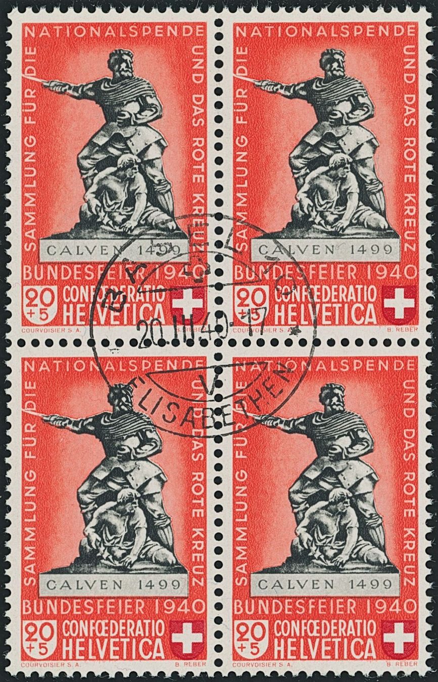 Tutti i francobolli: 1940  Pro Patria - Viererblock - Ersttag ET - "die hellrote" – Usato da Schindellegi venduto da leecollect