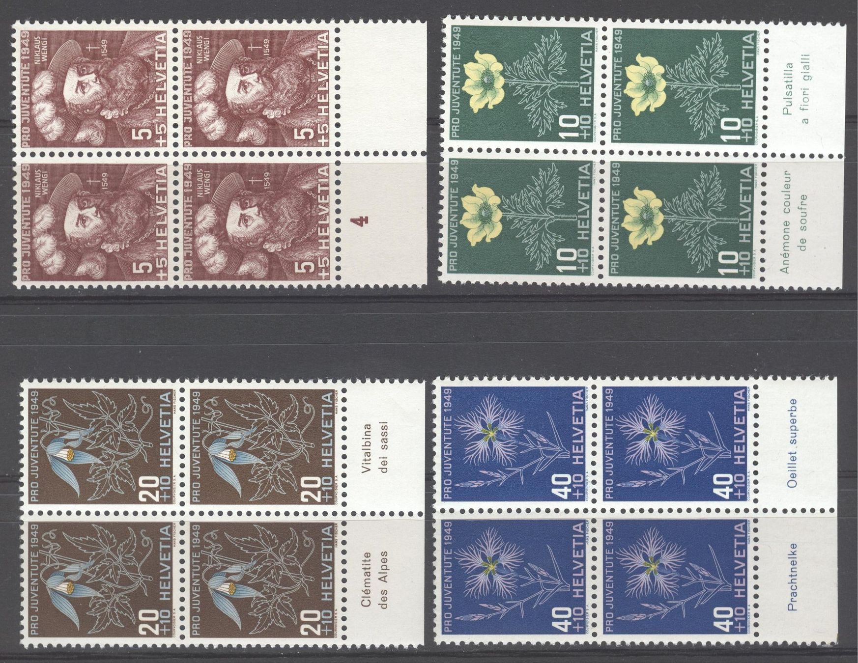 Alle Briefmarken: PJ 1949 129-132 Viererblöcke postfrisch **, mit Tabs – Neu und originalverpackt aus Uster von giorgiotr