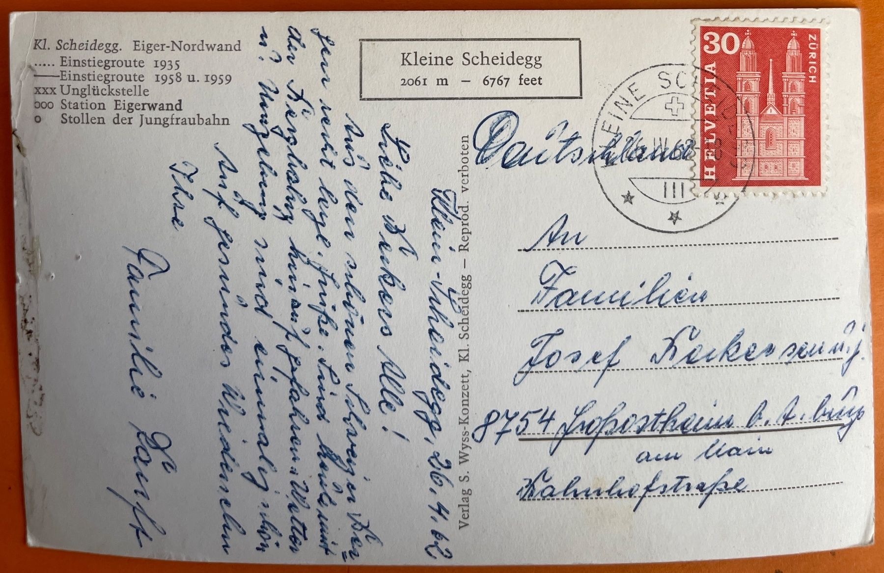 Cartoline postali: KLEIN SCHEIDEGG - BAHN - EIGER - NORDWAND 1962 – Usato da Lutry venduto da Ediego 1