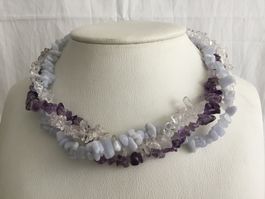 Halskette Bergkristall, Amethyst und Chalcedon
