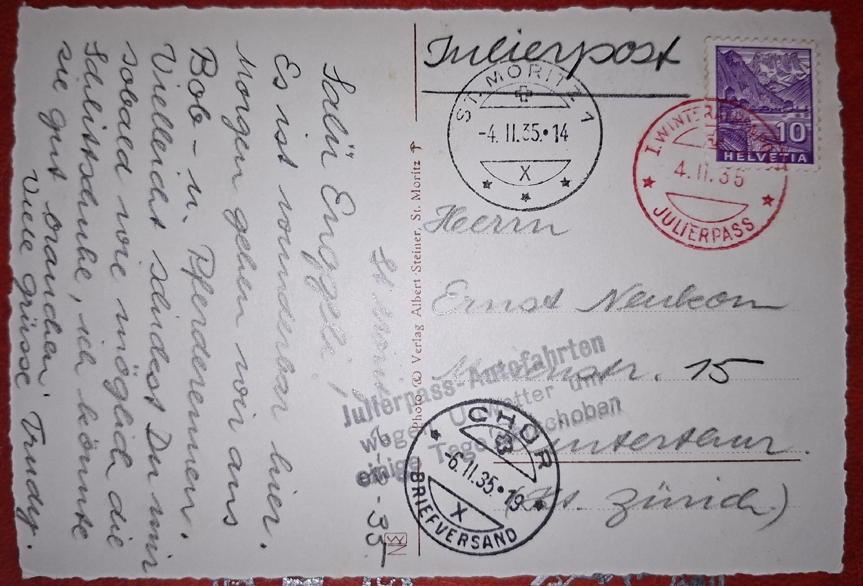 Cartoline postali: Ansichtskarte St. Moritz Julierpass  – Usato da Balgach venduto da SIMEON27 1
