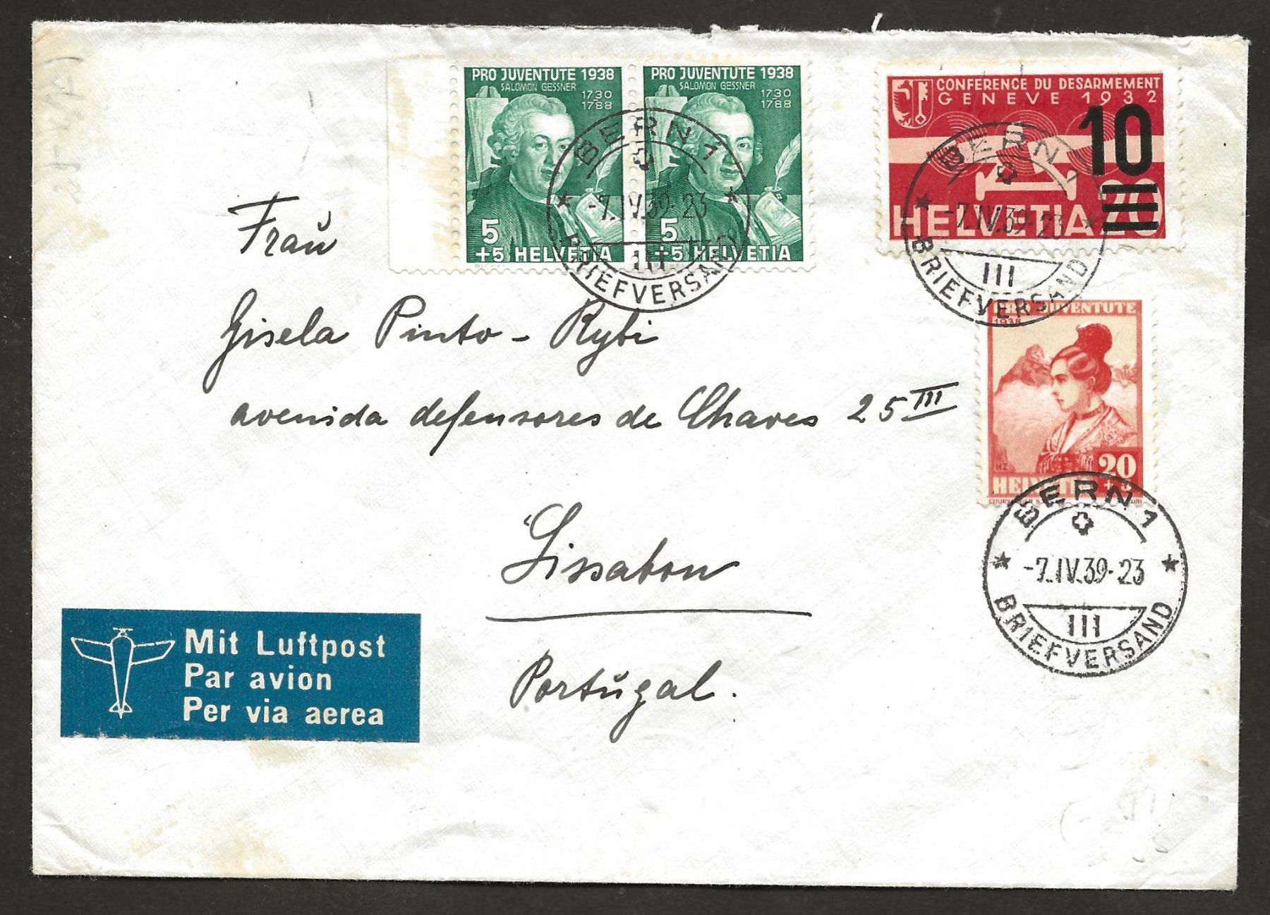 Tutti i francobolli: Flugpost Schweiz 1938 Bern Genf Lissabon Luftpost – Usato da Au ZH venduto da xelagreb01